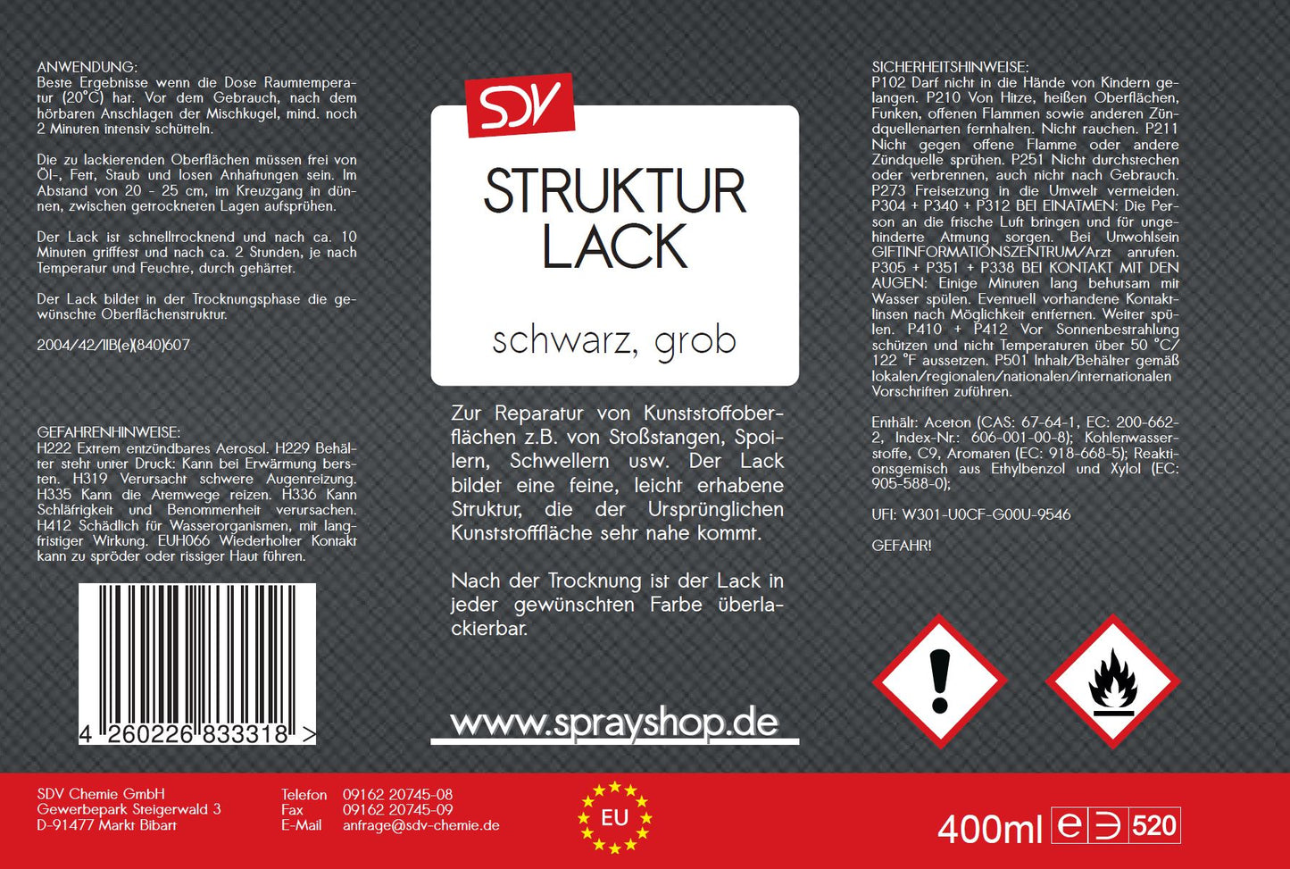 Strukturlack Spray 400ml schwarz grob Kunststoff Struktur Spray Etikett
