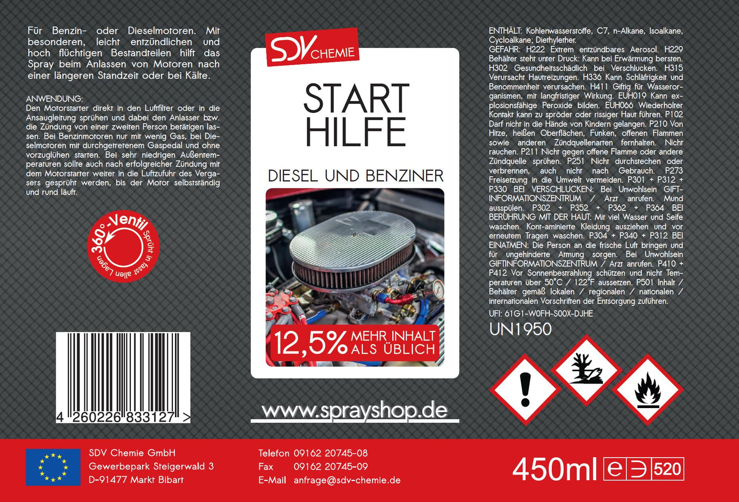 Motorstarter Starthilfespray 450ml Motorstartspray Starthilfe Etikett