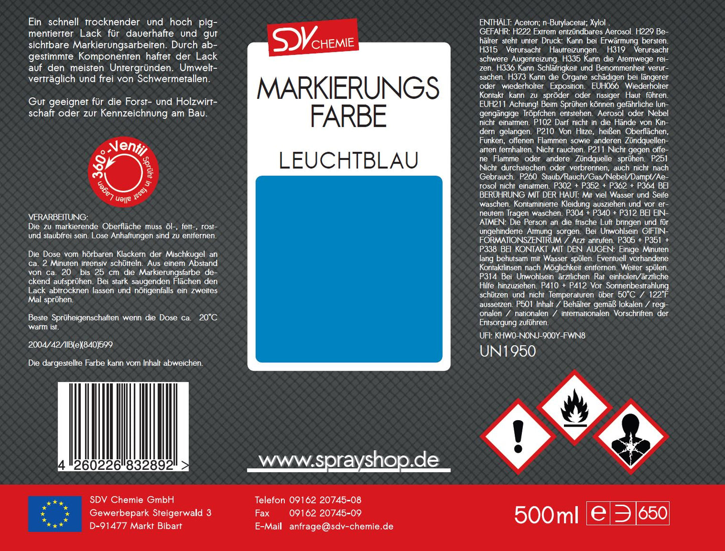 Markierungsfarbe leuchtblau 500ml Markierspray Markierungsspray Etikett