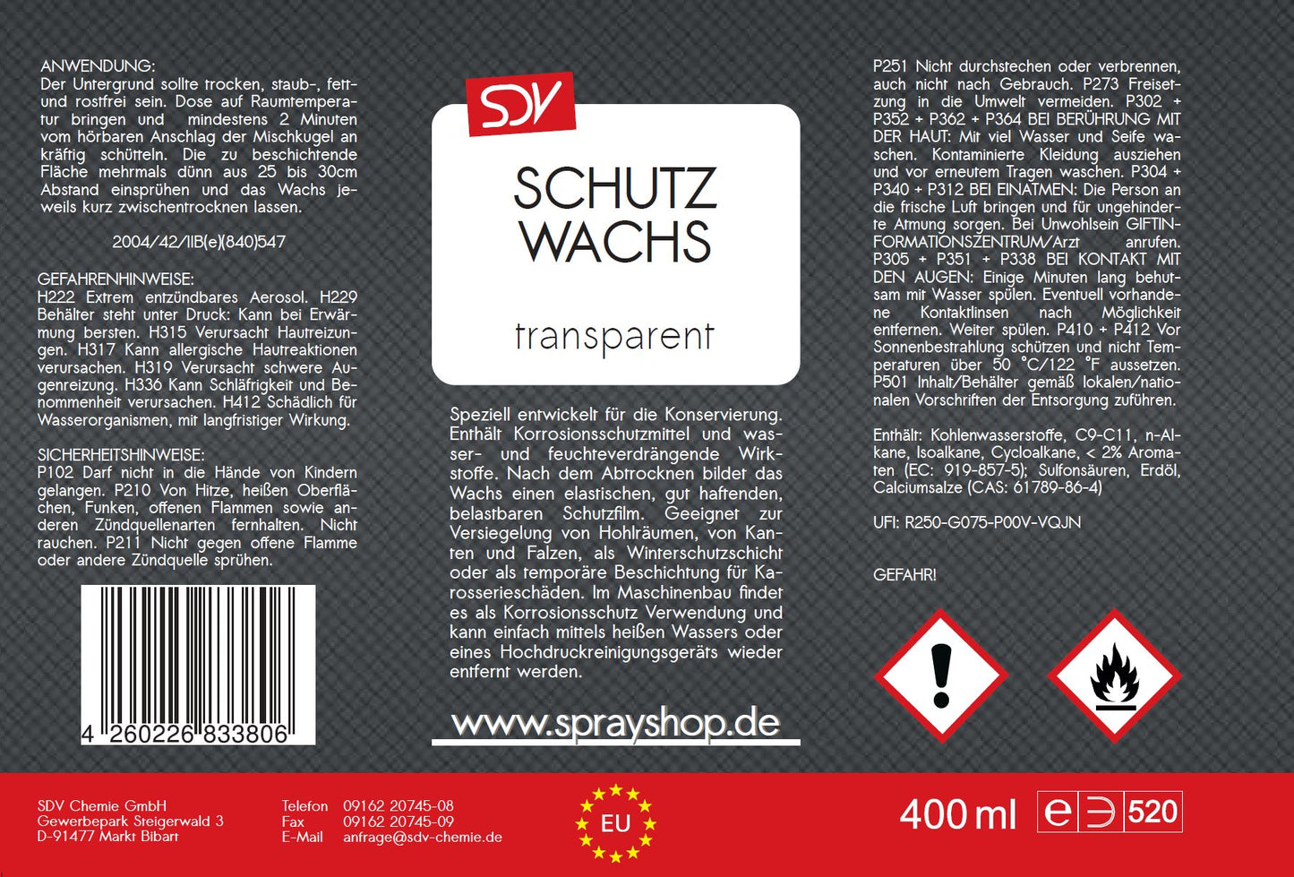 Schutzwachs 400ml transparent milchig Sprühwachs Unterbodenschutz Etikett