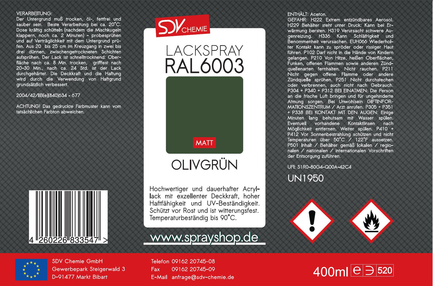 Lackspray RAL 6003 OLIVGRÜN matt 1x 400ml grün Acryllack