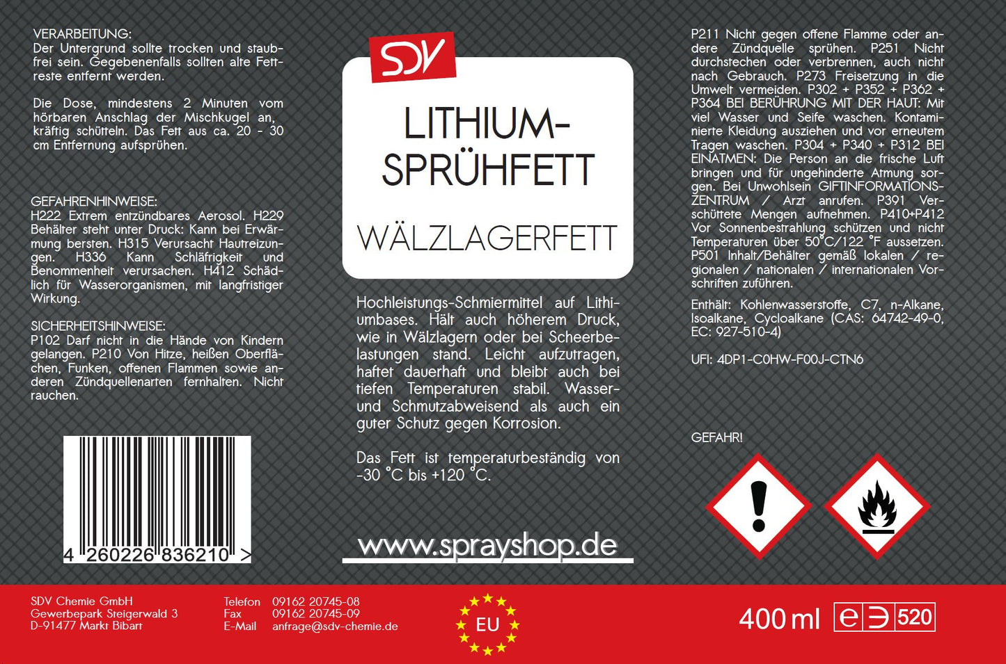 Lithium Sprühfett 400ml Wälzlagerfett Schmierfett Fettspray Etikett