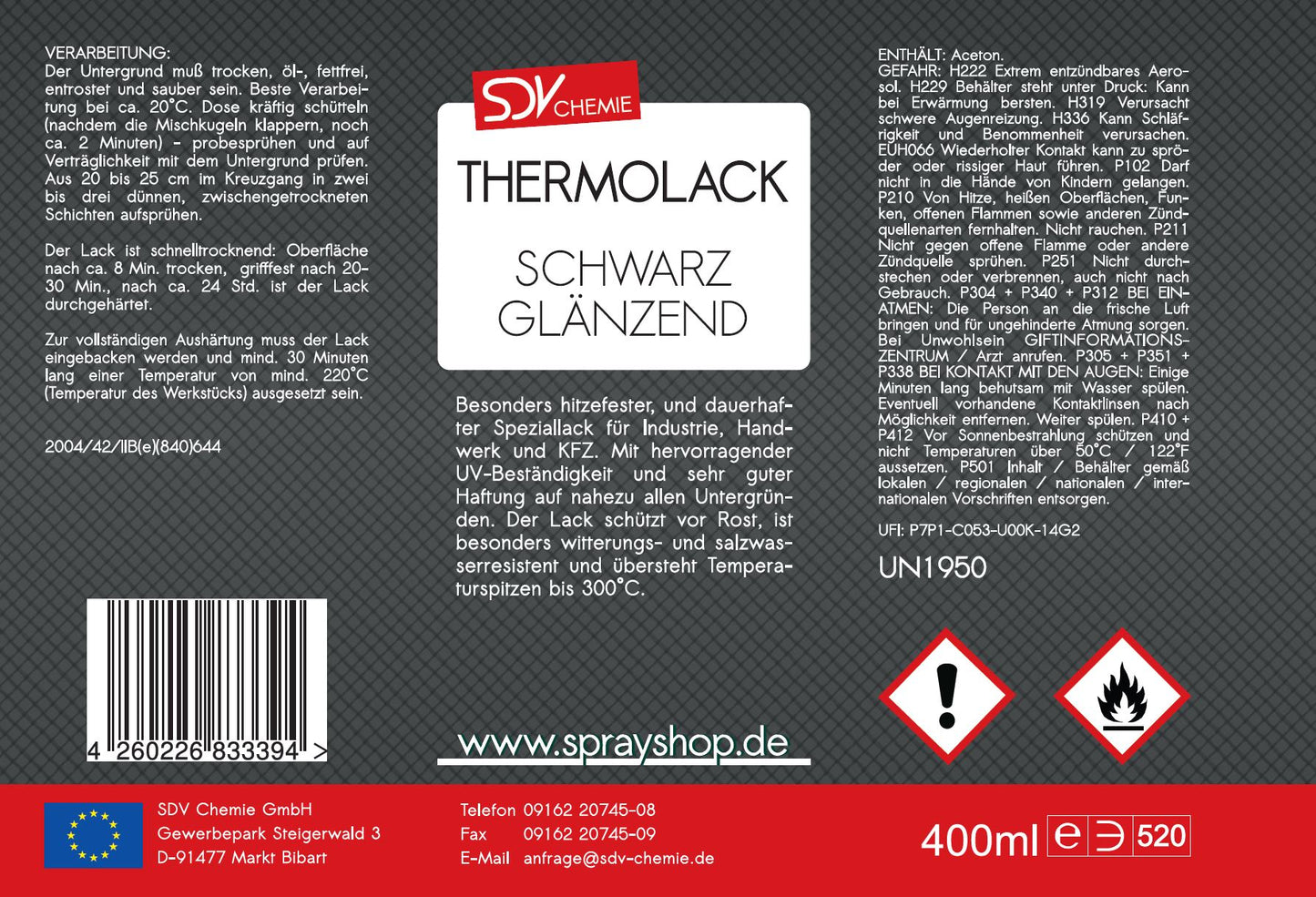 Thermolack schwarz glänzend 300°C 400ml Auspufflack Ofenlack Etikett
