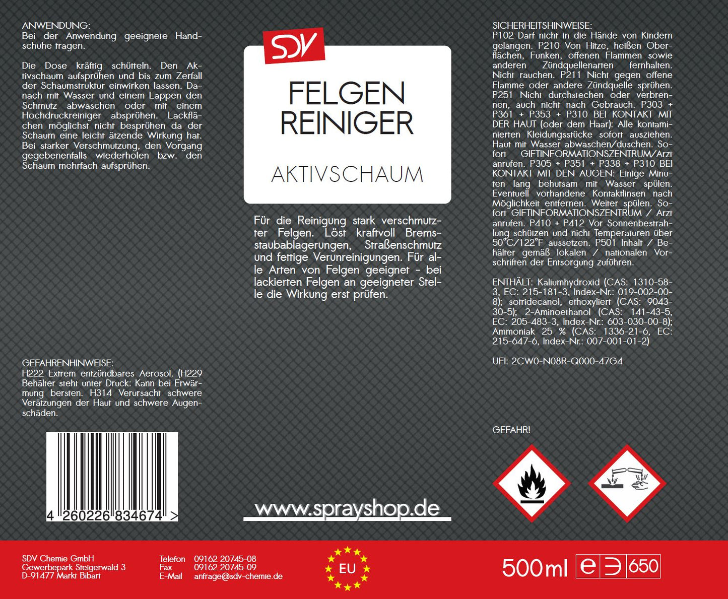 Felgenreiniger 500ml Felgenschaum Alu Stahl Felgenspray Etikett