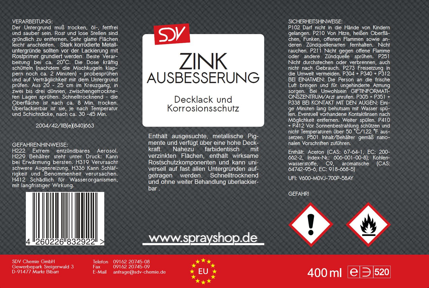 Zinkausbesserung Spray 400ml Farbton Feuerverzinkung Zinkspray Etikett