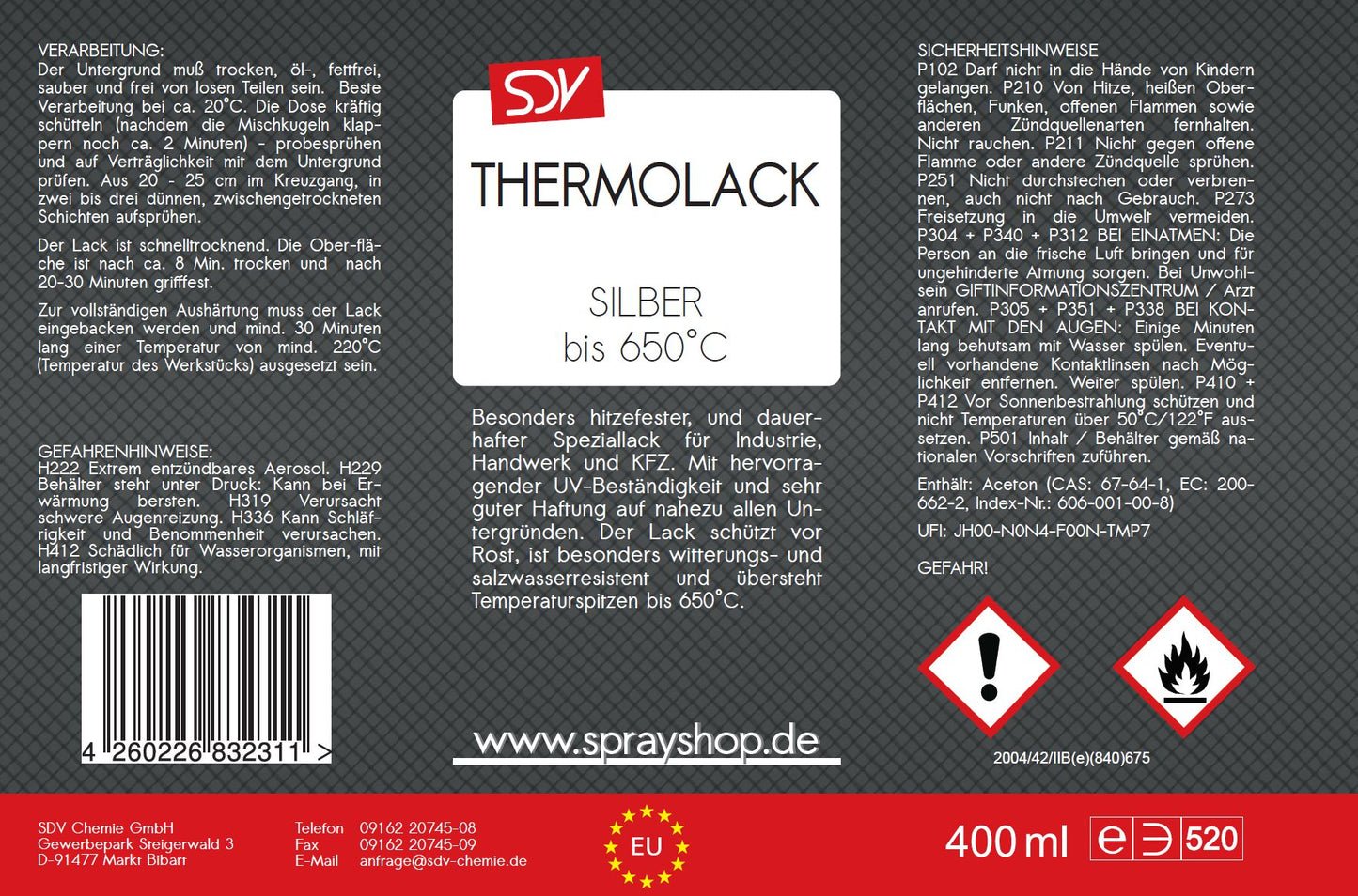 Thermolack silber matt 650°C 400ml Auspufflack Ofenlack Grilllack Etikett