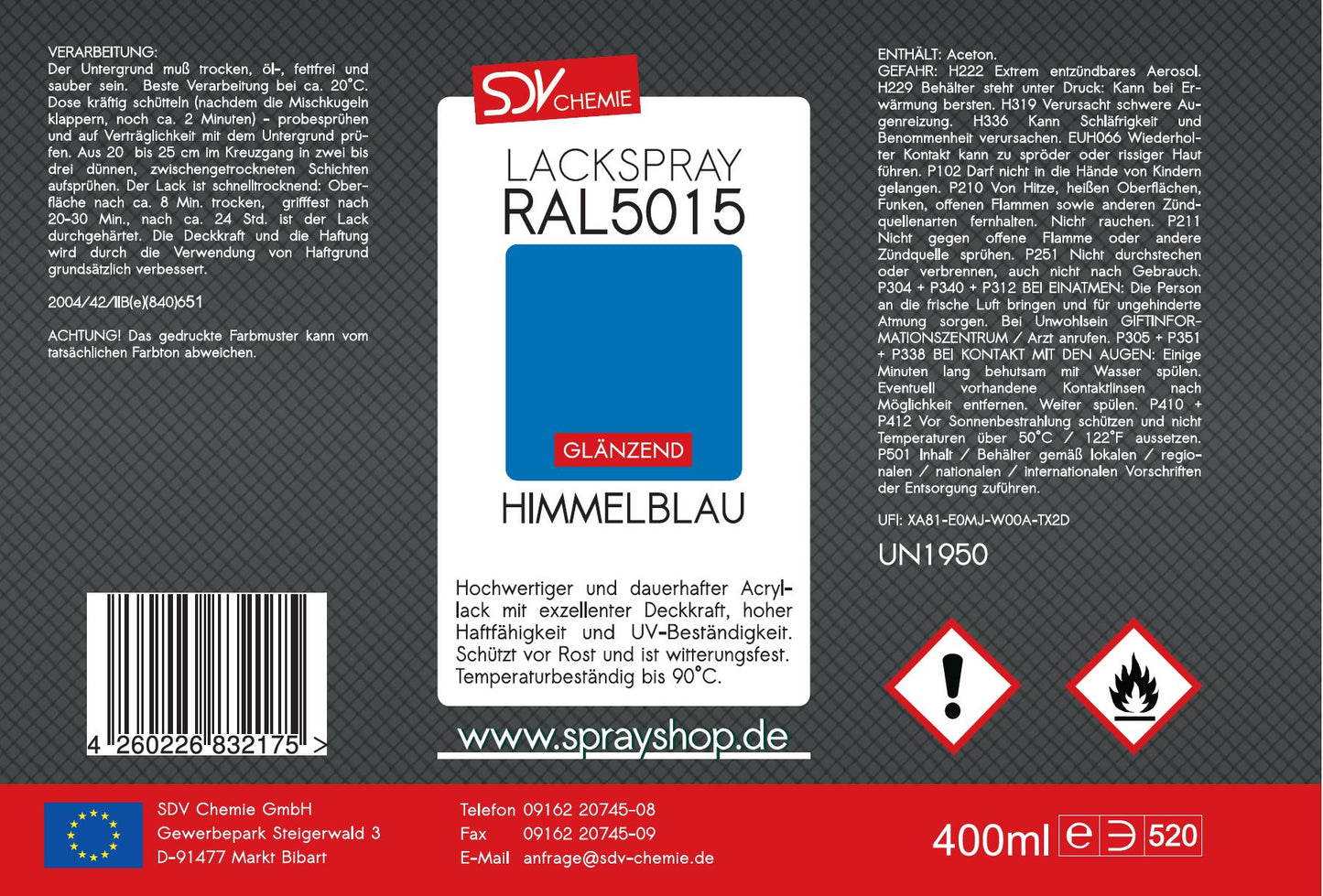 Lackspray RAL 5015 HIMMELBLAU glänzend 400ml Acryllack Etikett