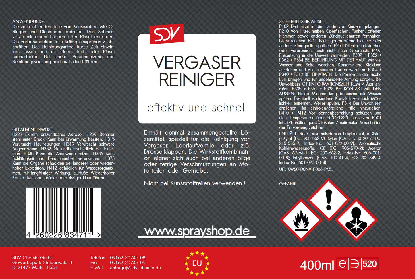 Vergaserreiniger 400ml Drosselklappenreiniger Düsenreiniger Etikett