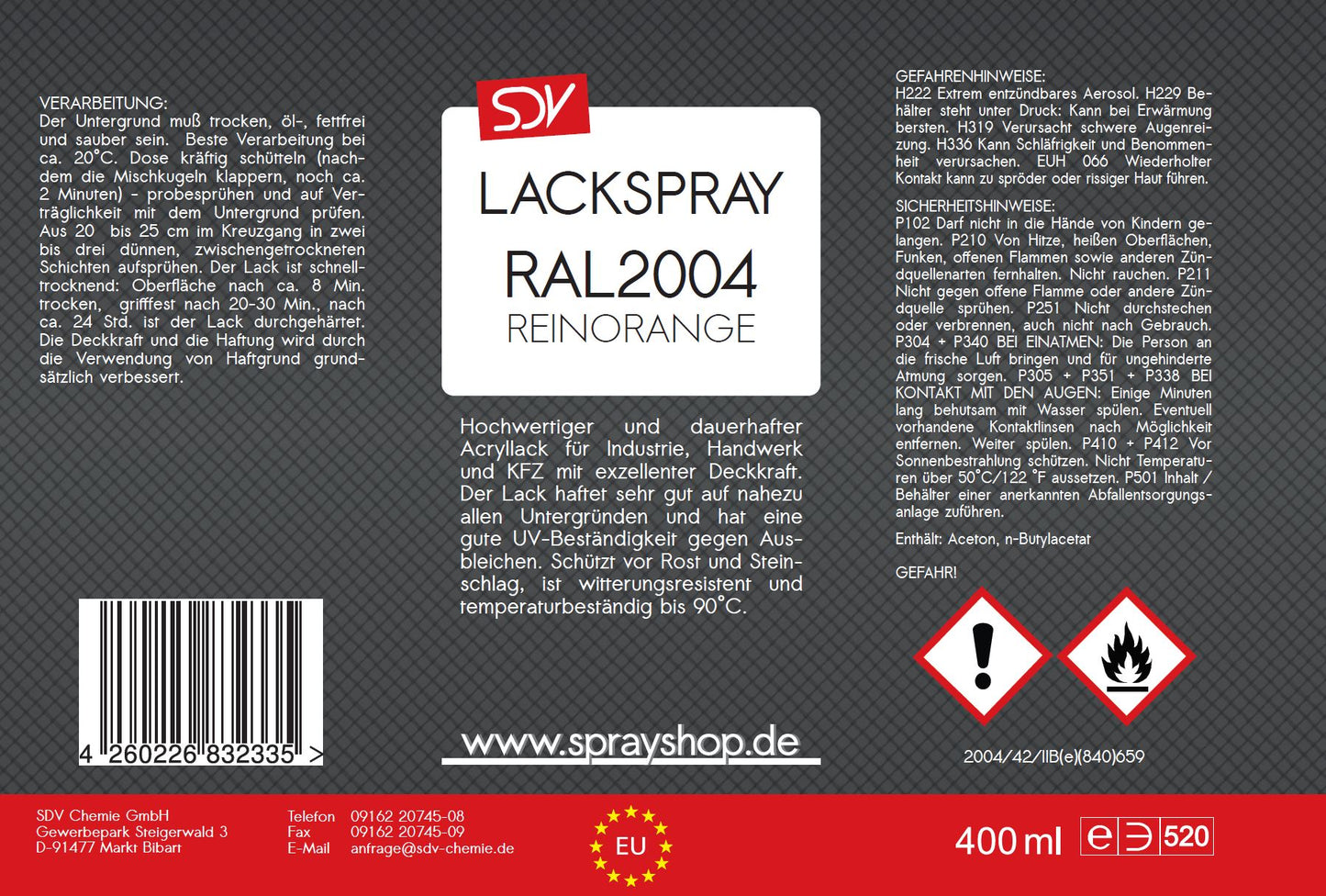 Lackspray RAL 2004 REINORANGE glänzend 12x 400ml Acryllack