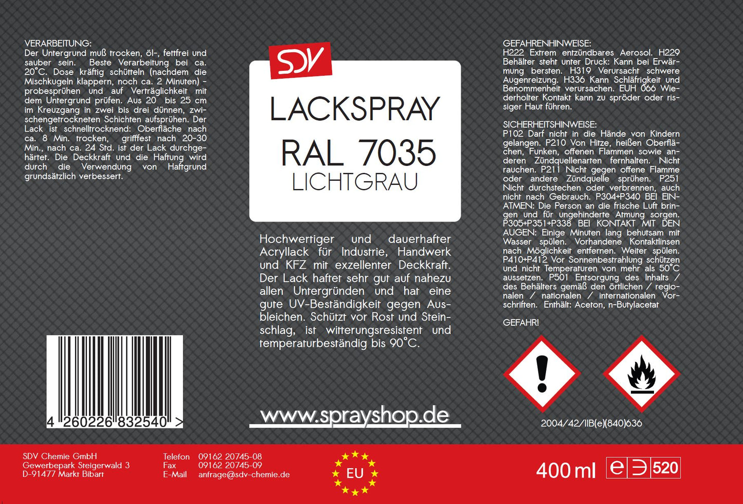 Lackspray RAL 7035 LICHTGRAU glänzend 400ml Acryllack Etikett