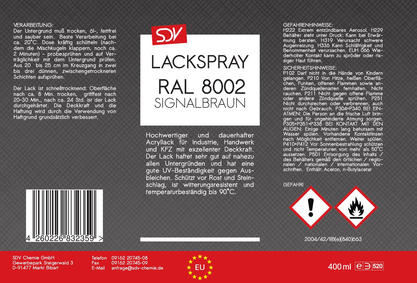 Lackspray RAL 8002 SIGNALBRAUN glänzend 400ml Acryllack Etikett