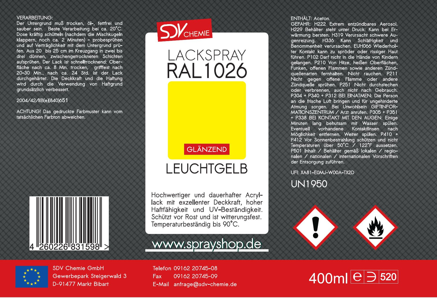 Lackspray RAL 1026 LEUCHTGELB glänzend 1x 400ml Acryllack
