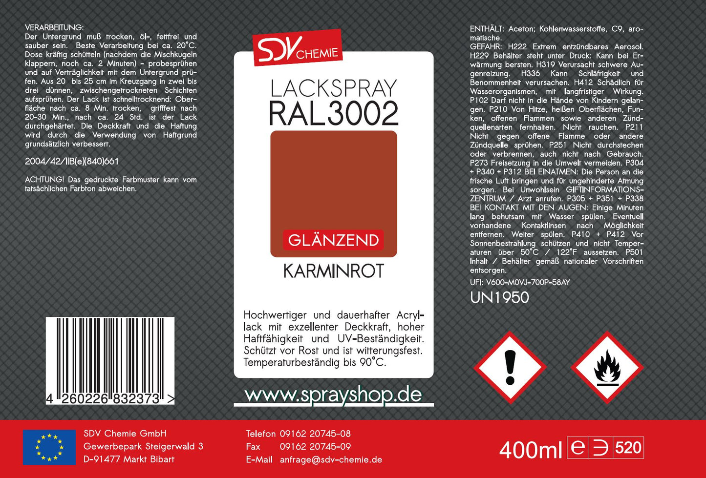Lackspray RAL 3002 KARMINROT glänzend 400ml Acryllack Etikett