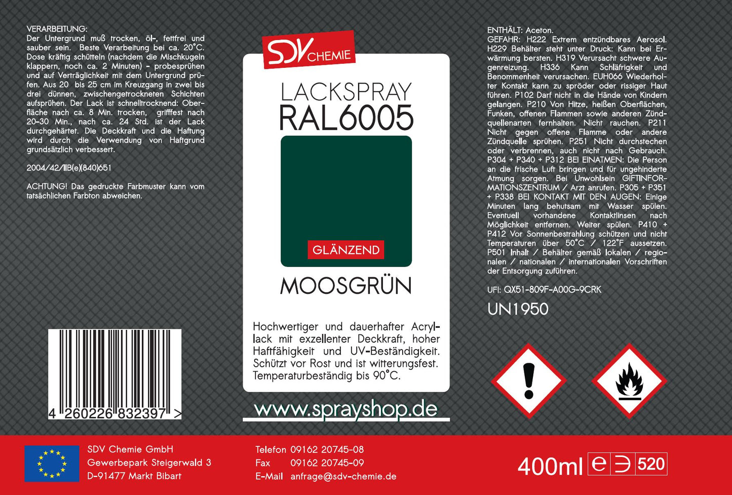 Lackspray RAL 6005 MOOSGRÜN glänzend 6x 400ml Acryllack