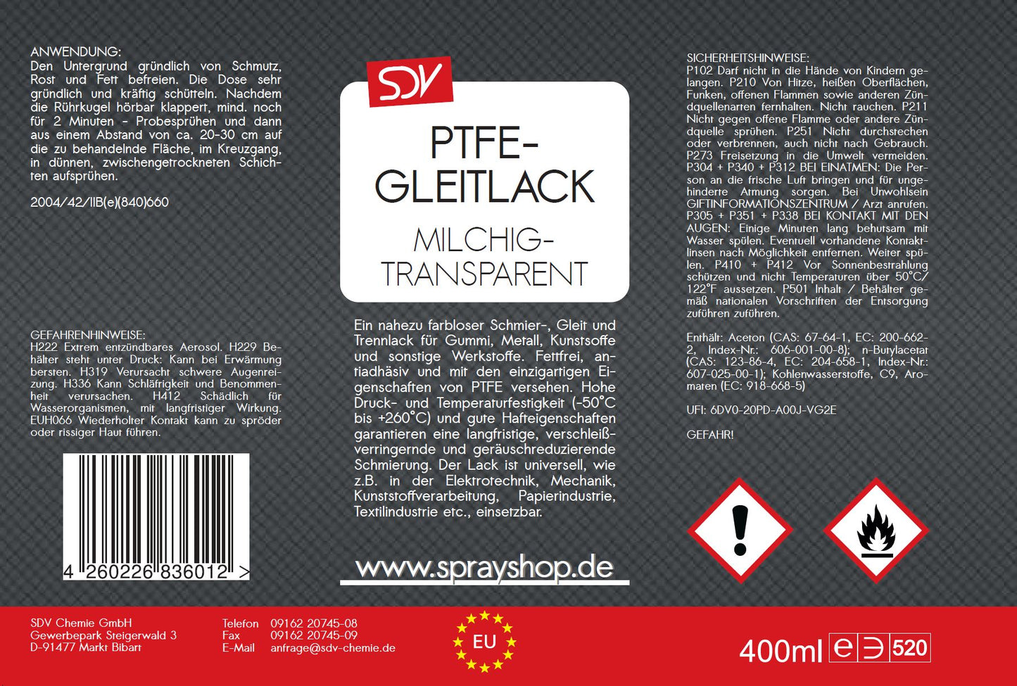 PTFE Gleitlack Spray 400ml Trockenschmierstoff Teflonspray Etikett