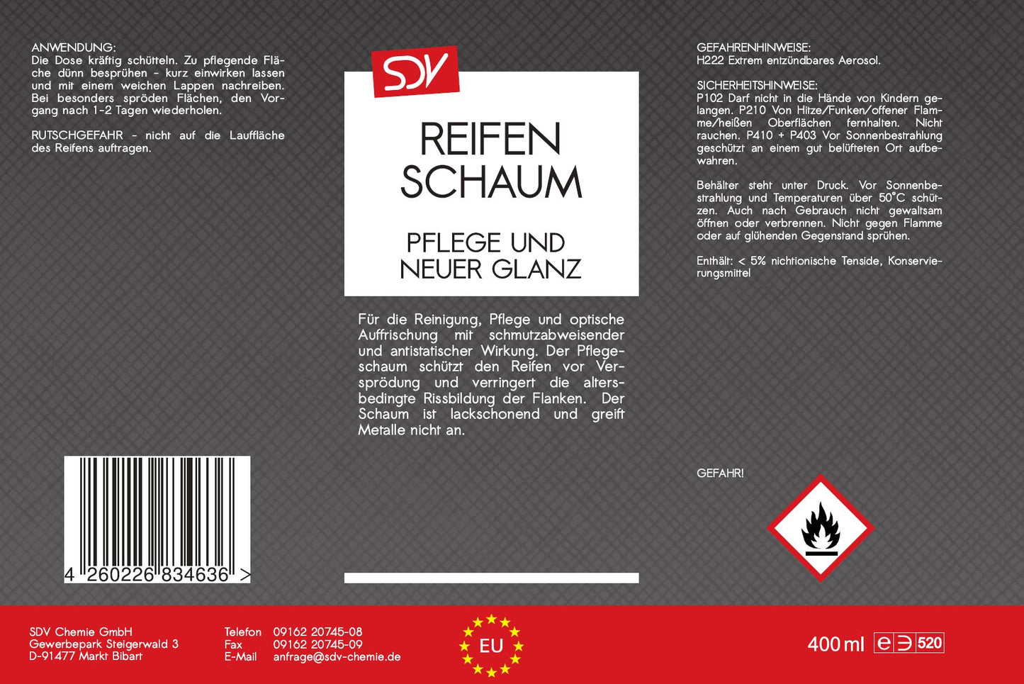 Reifenschaum 400ml Reifen Gummi Kunststoff Pflege Reifenglanz Etikett