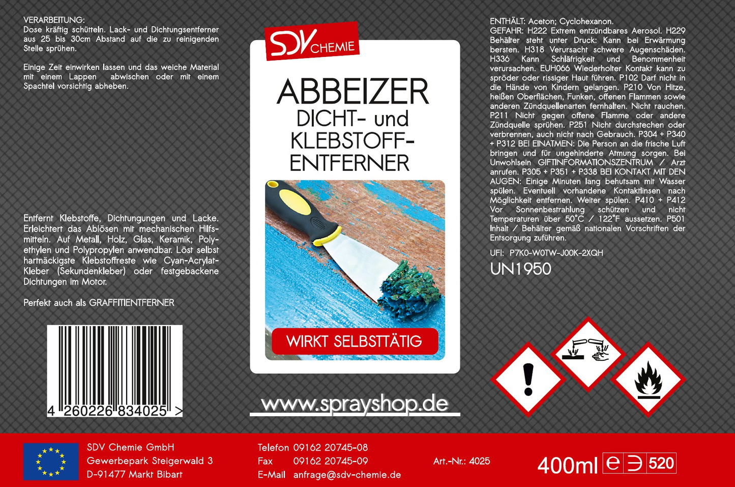 Abbeizer 400ml Lackentferner Dichtungsentferner Etikett