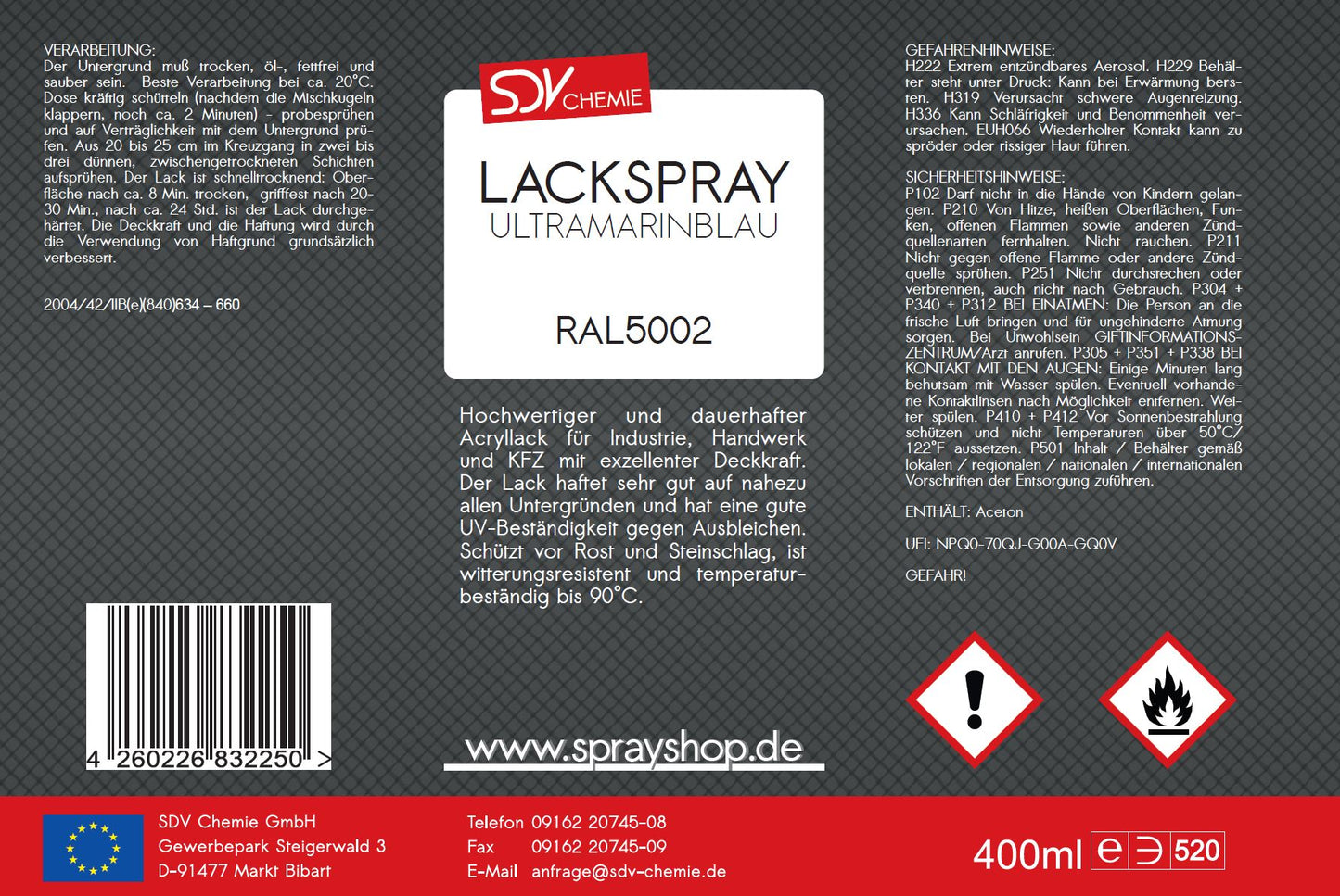 Lackspray RAL 5002 ULTRAMARINBLAU glänzend 400ml Acryllack Etikett