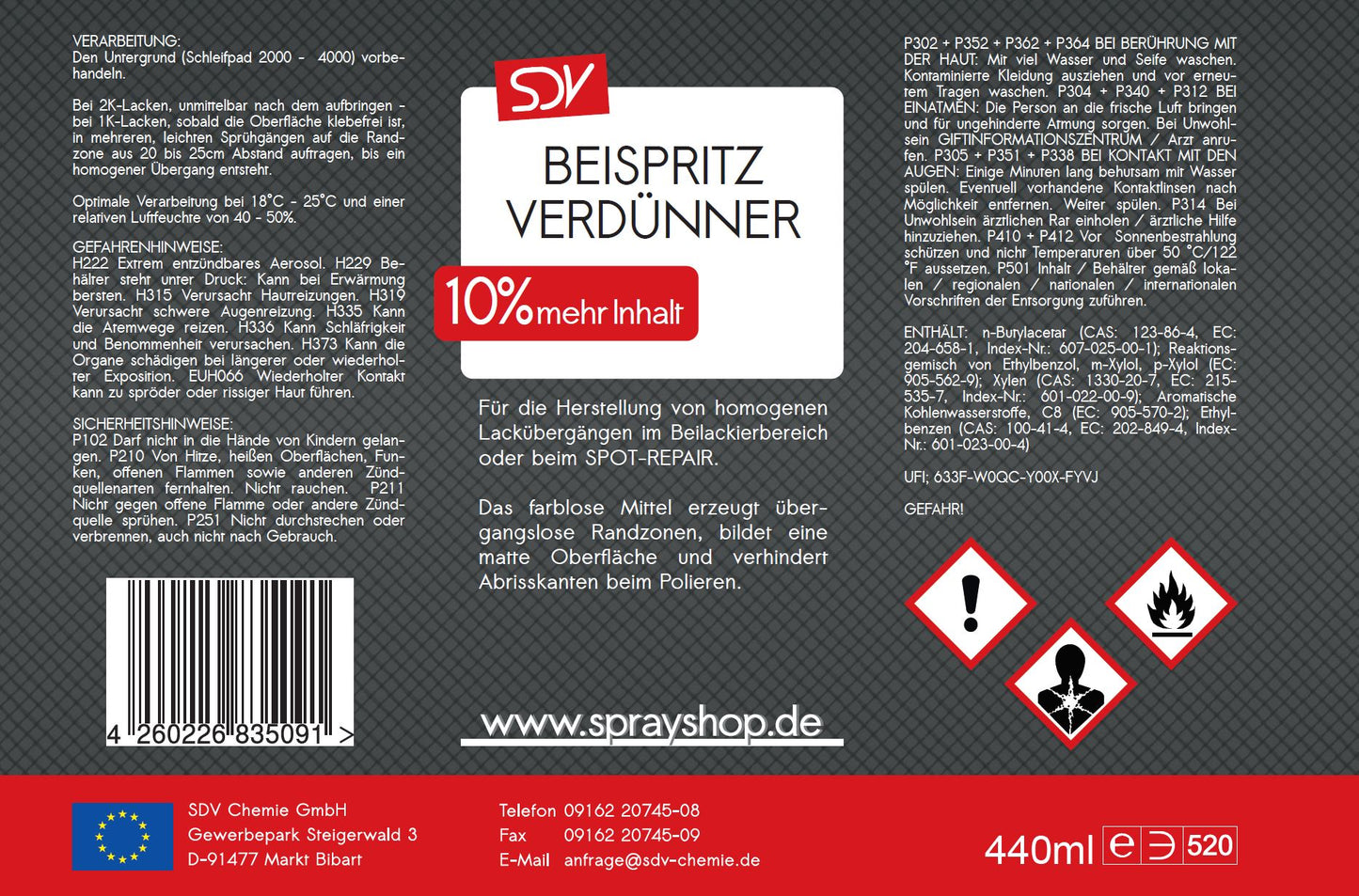 Beispritzverdünner 440ml Beispritzverdünnung Löser Spot Blender Etikett