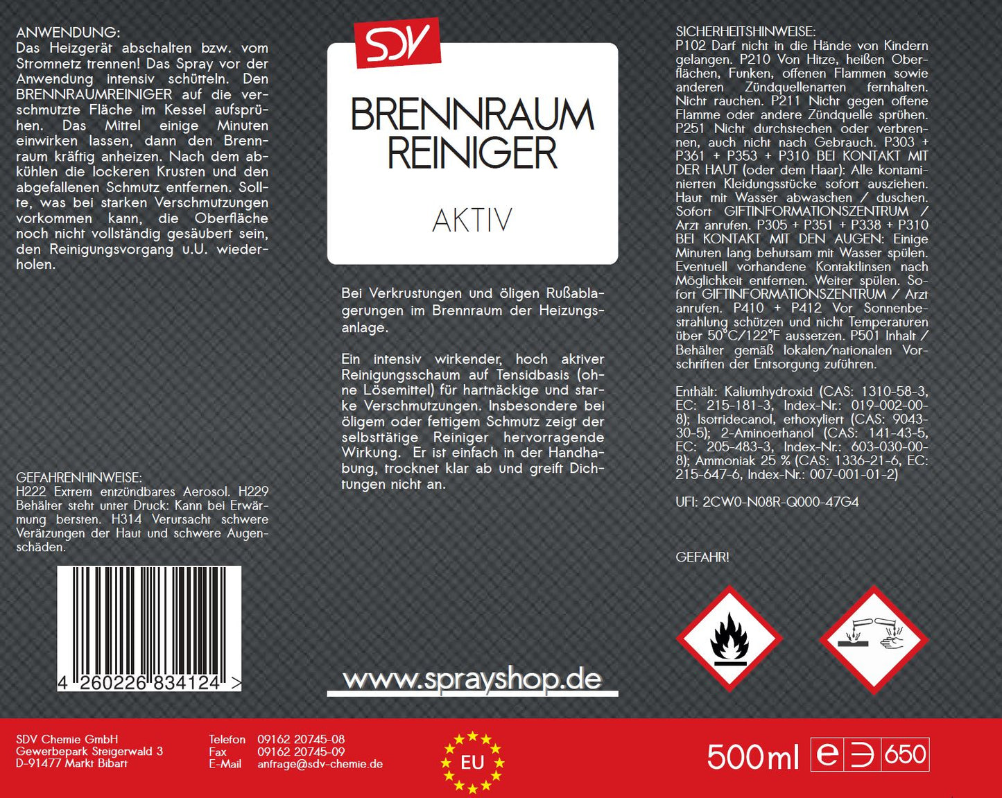 Brennraumreiniger 500ml Heizkesselreiniger Ölkesselreiniger Schaum Etikett