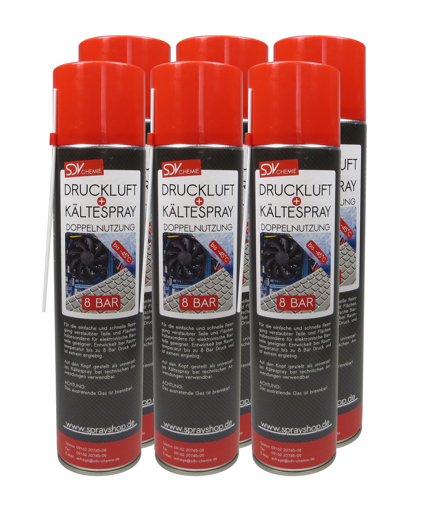Druckluft- u. Kältespray 6x 600ml Druckluftreiniger Eis Kühl Spray