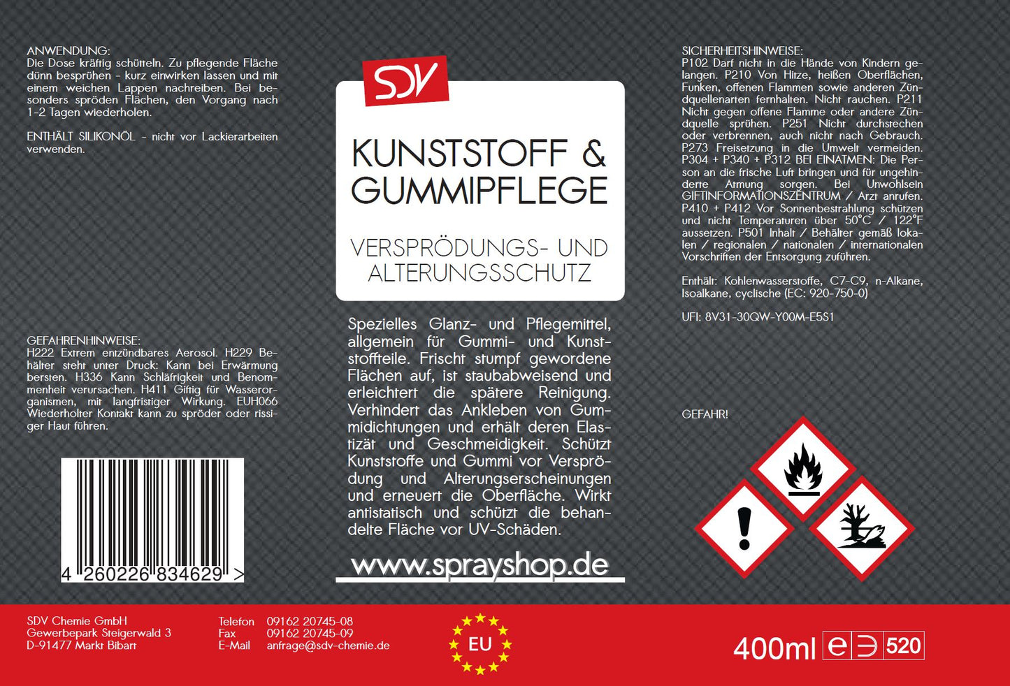 Kunststoff- u. Gummipflege 400ml Vinyl Reifen Pflege Auffrischer Etikett