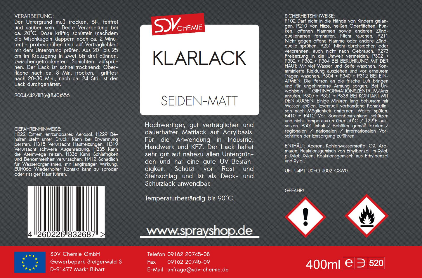 Klarlack Spray seidenmatt 400ml schnelltrocknend Acryl Sprühlack Etikett