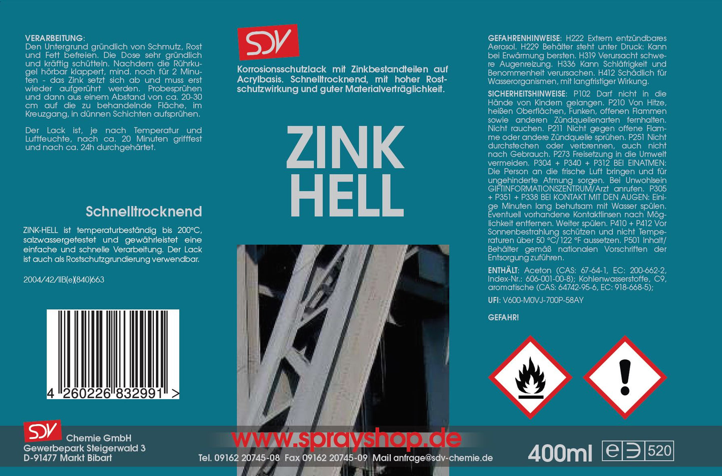 Zinkspray hell 400ml Zink Alu Spray Rostschutz Grundierung Etikett