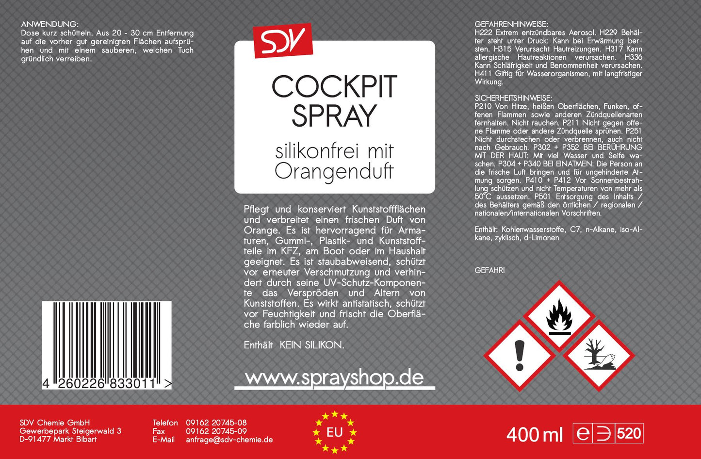 Cockpitspray Orangenduft silikonfrei 400ml Cockpit Pflege Reiniger Etikett