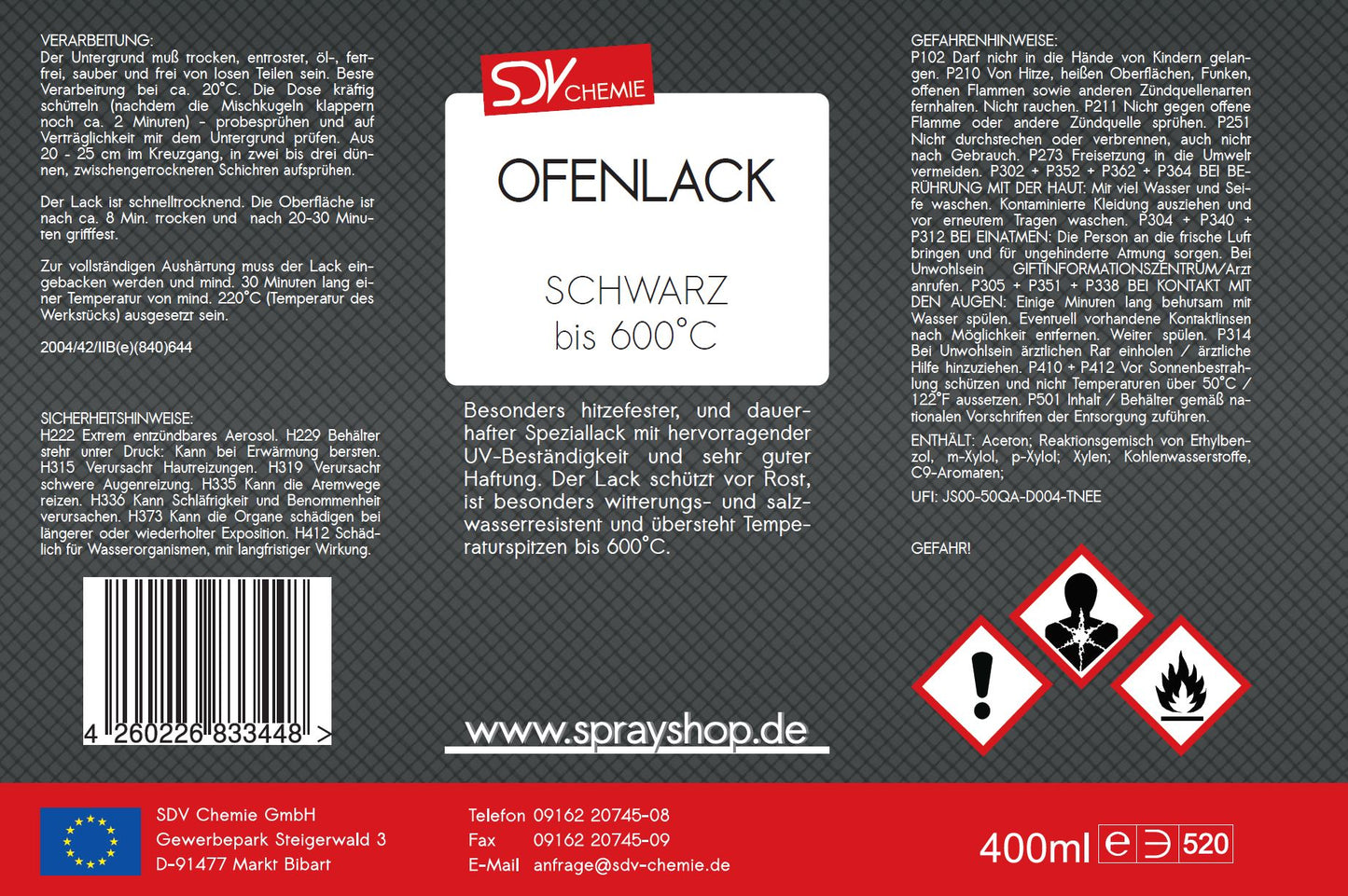 Ofenlack Spray schwarz matt bis 600°C 400ml Ofenlack Kaminofenlack Etikett