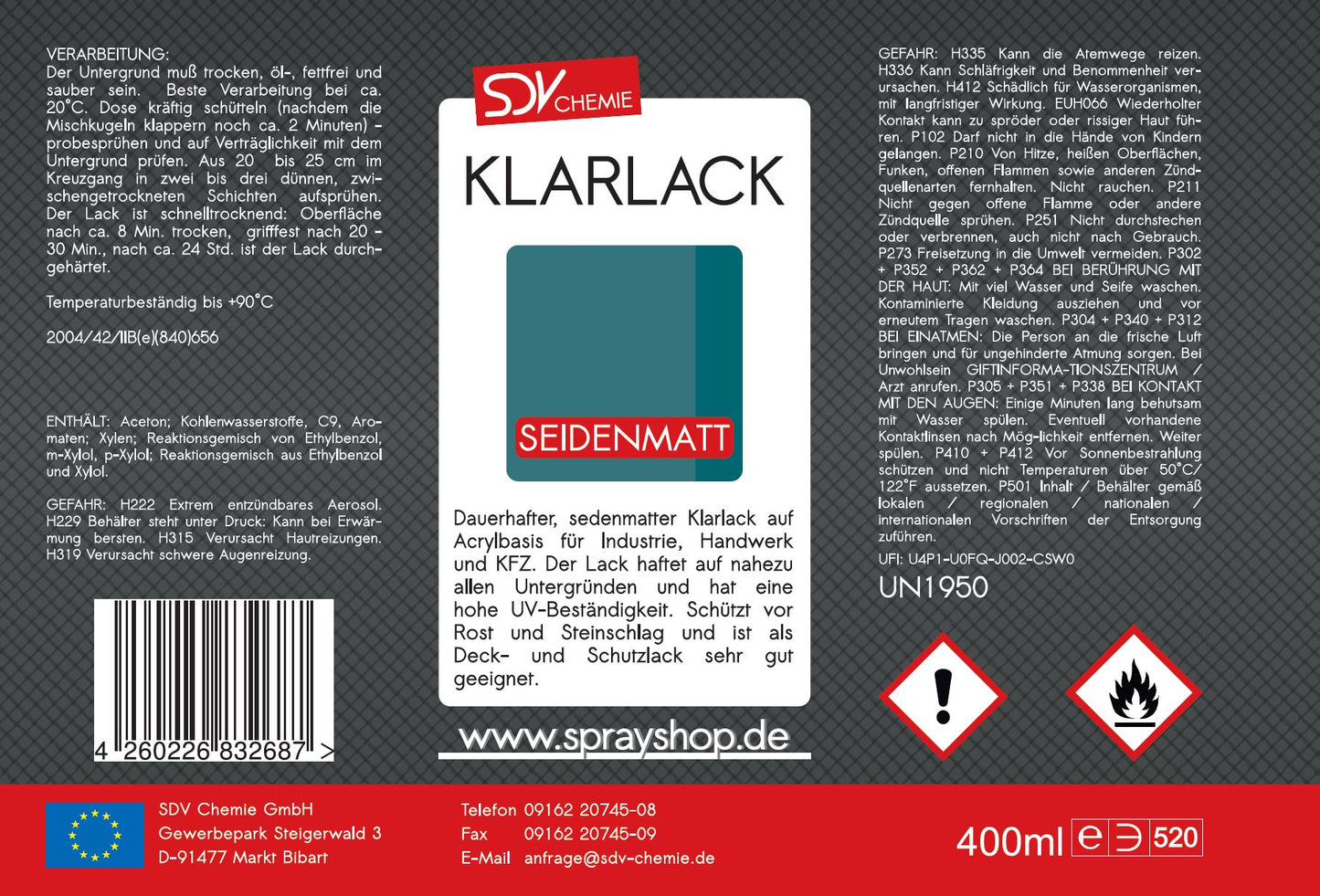 Klarlack Spray seidenmatt 400ml schnelltrocknend Acryl Sprühlack Etikett