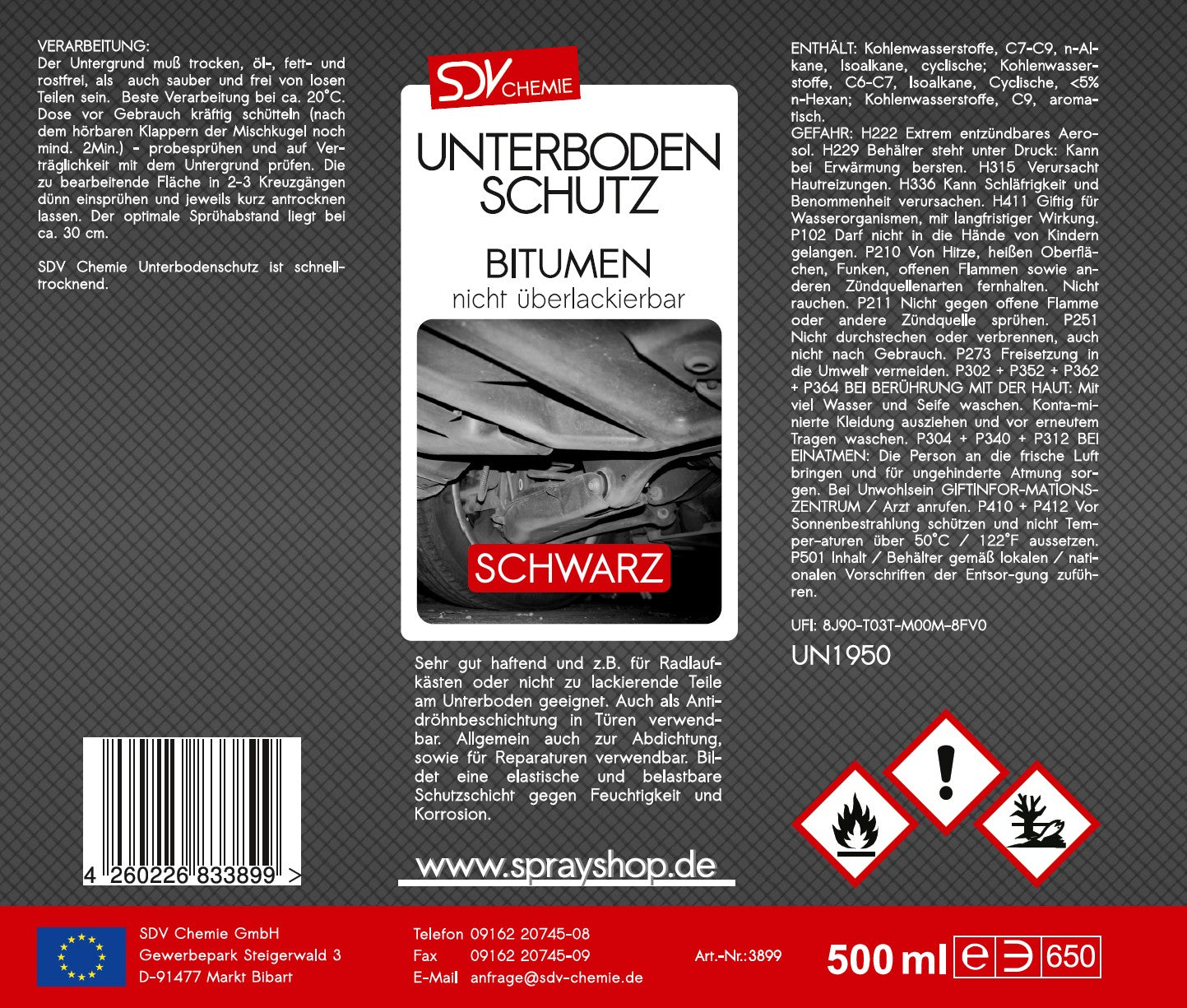 Unterbodenschutz Bitumen schwarz 500ml Etikett