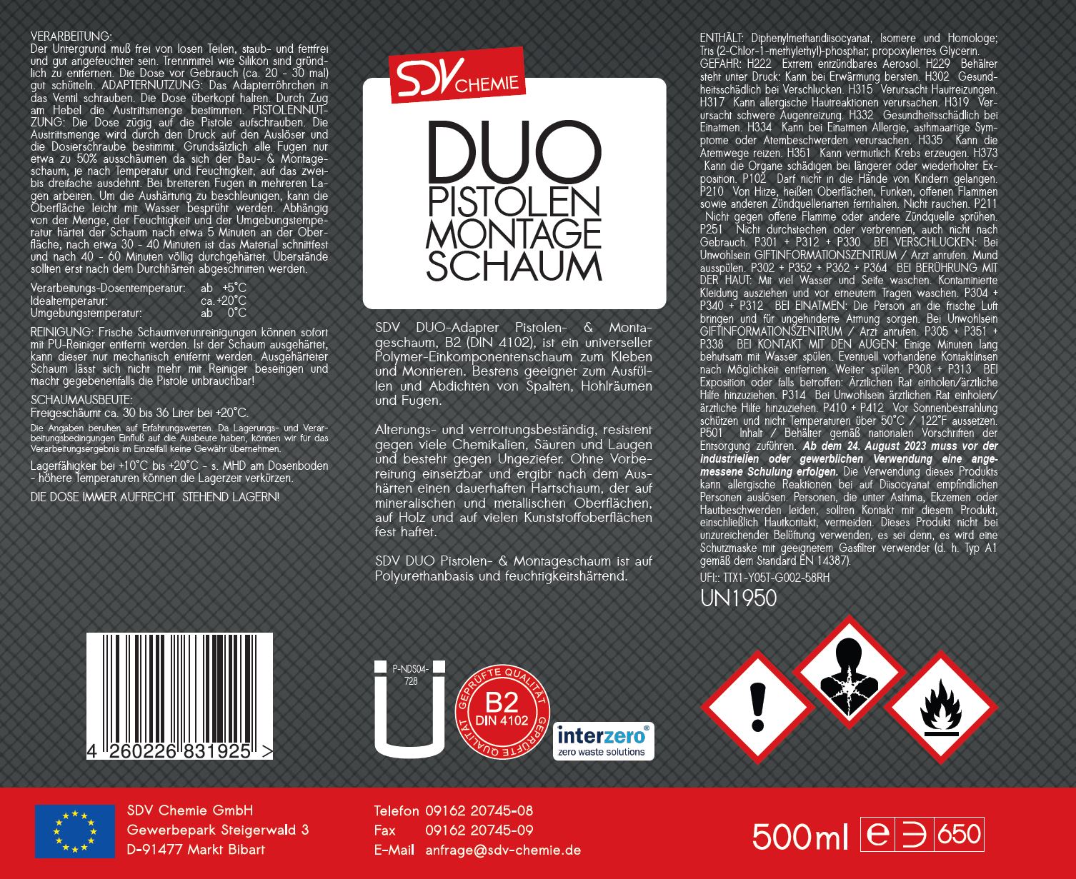 DUO Pistolen Montage Schaum B2 500ml Etikett