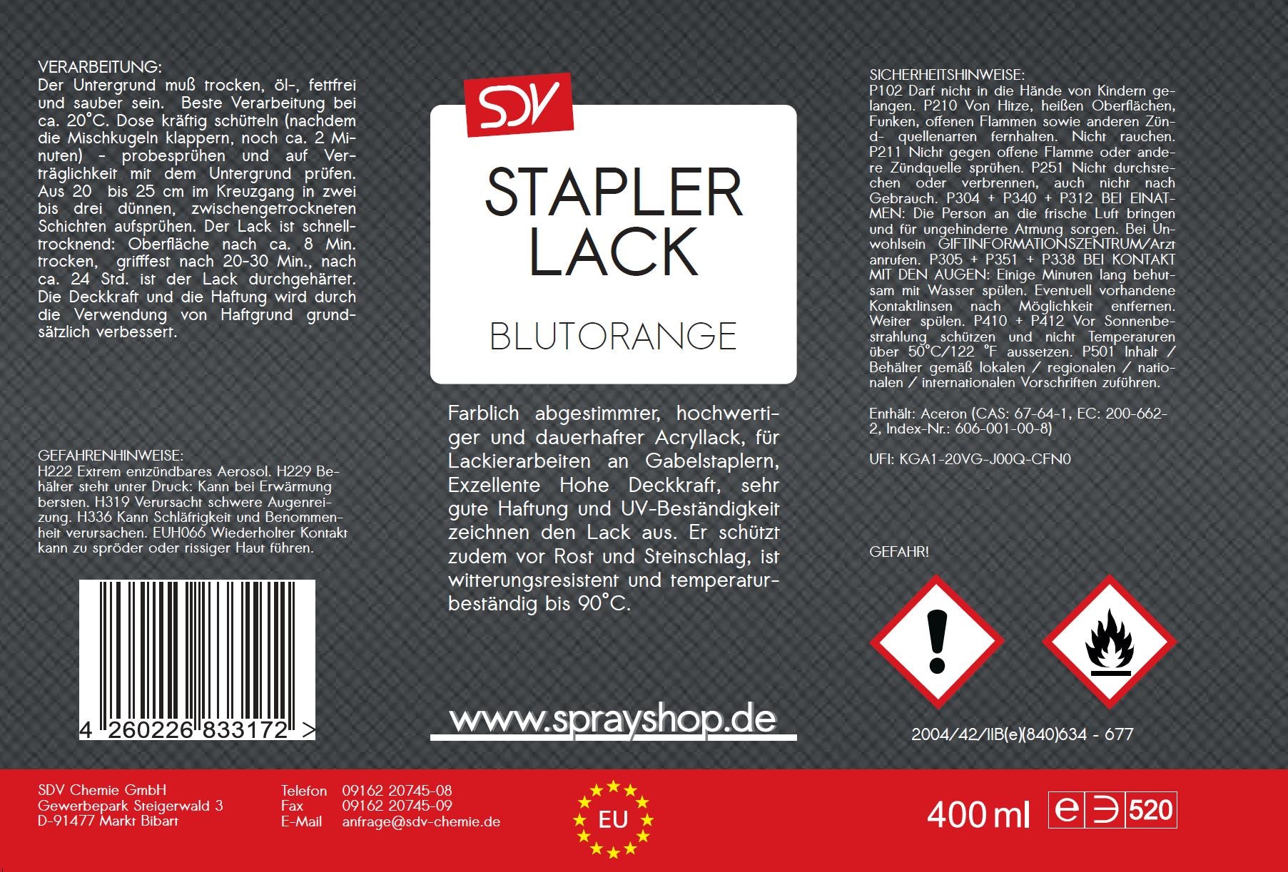 Staplerlack RAL 2002 blutorange glänzend 400ml Etikett