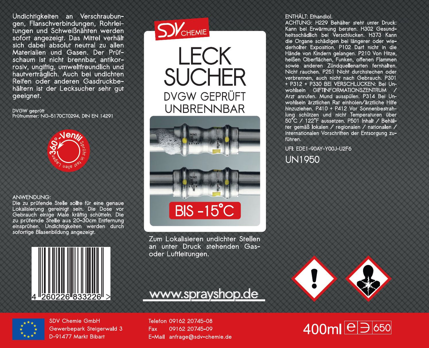 Lecksuchspray 400ml bis -15°C Etikett