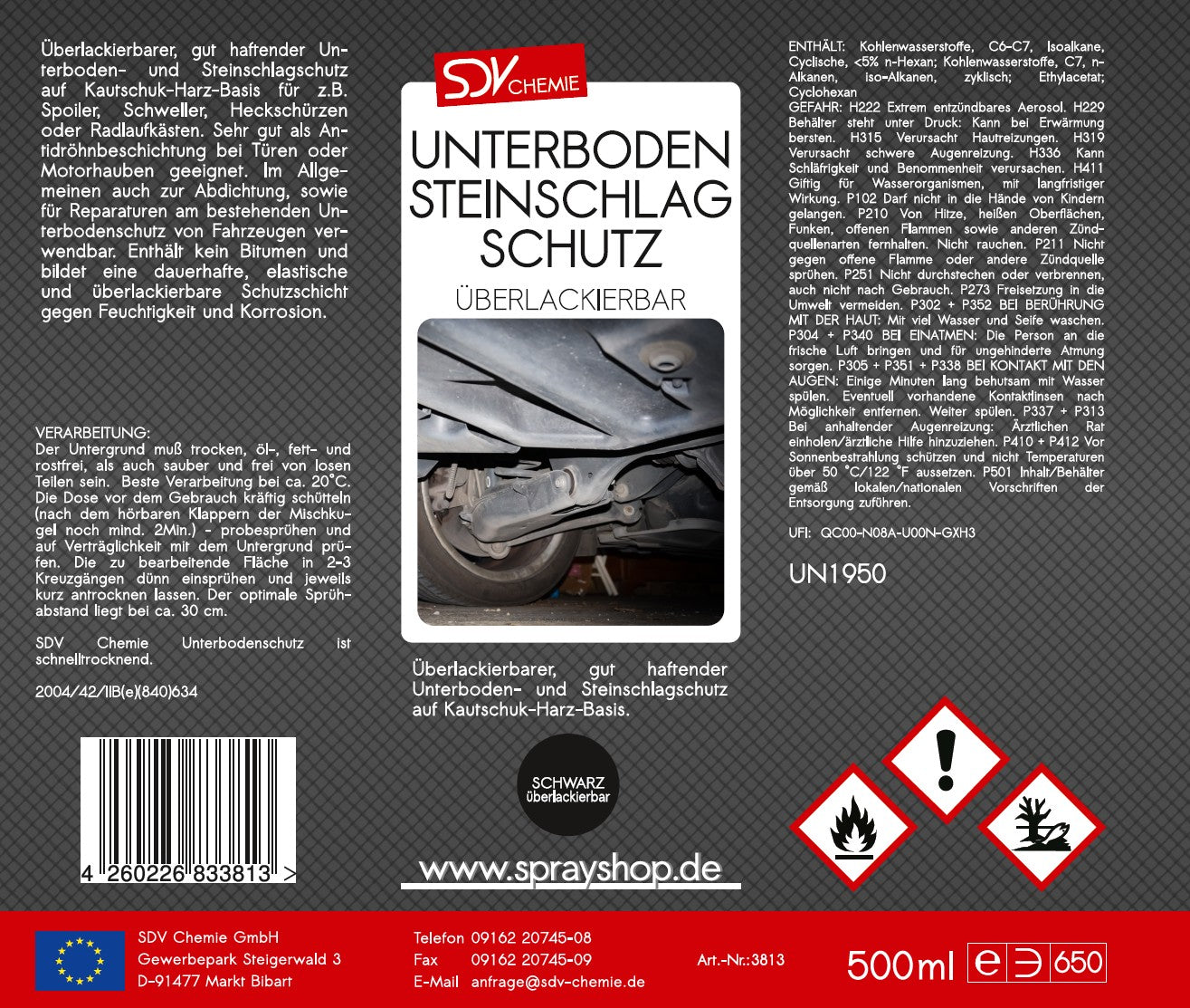 Unterbodenschutz schwarz überlackierbar 500ml Etikett