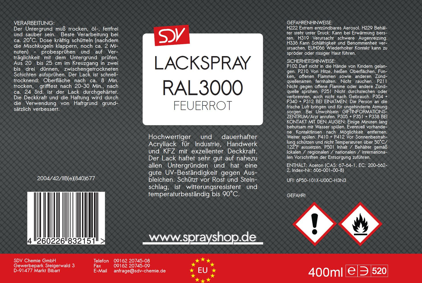Lackspray RAL 3000 FEUERROT glänzend 400ml Acryllack Etikett