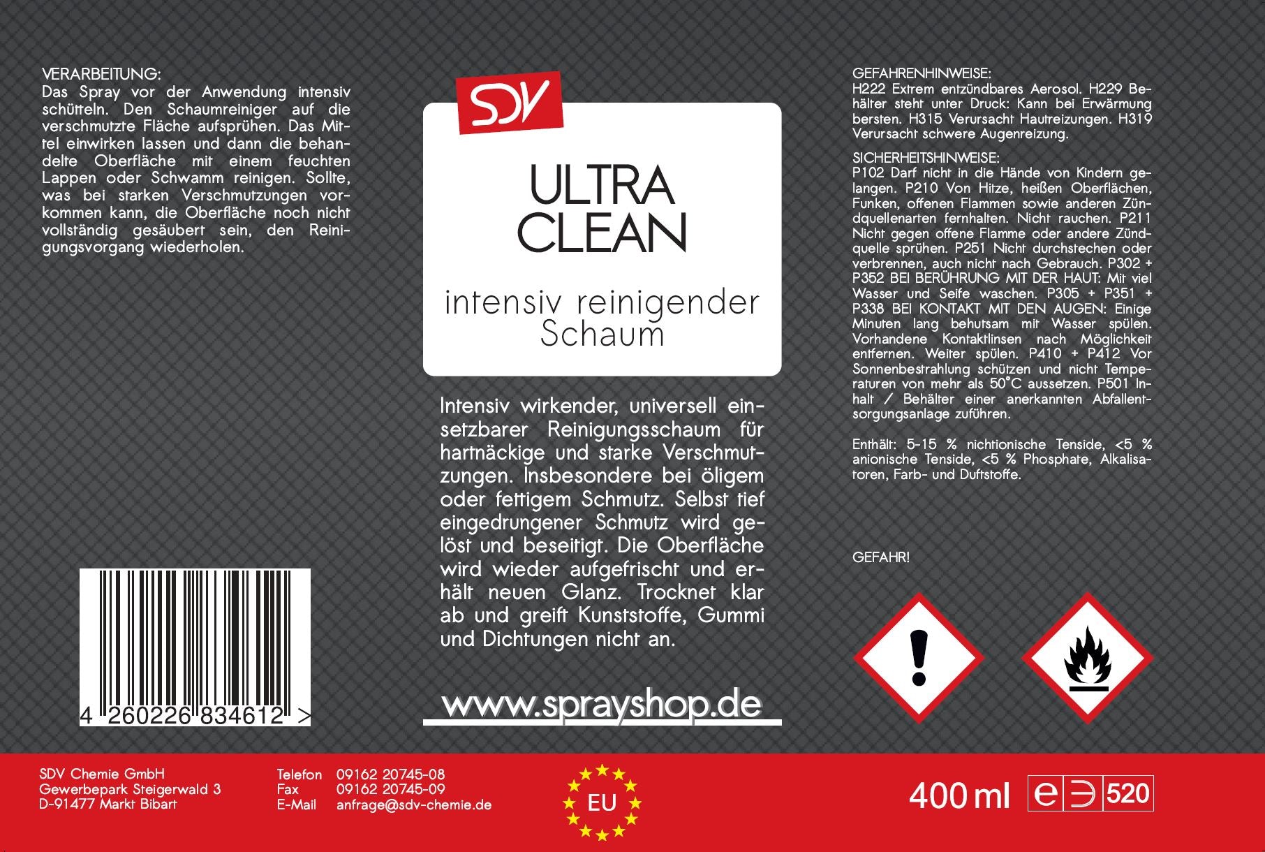 Ultra Clean 400ml Aktivschaum Scheiben Reiniger Reinigungsschaum Etikett