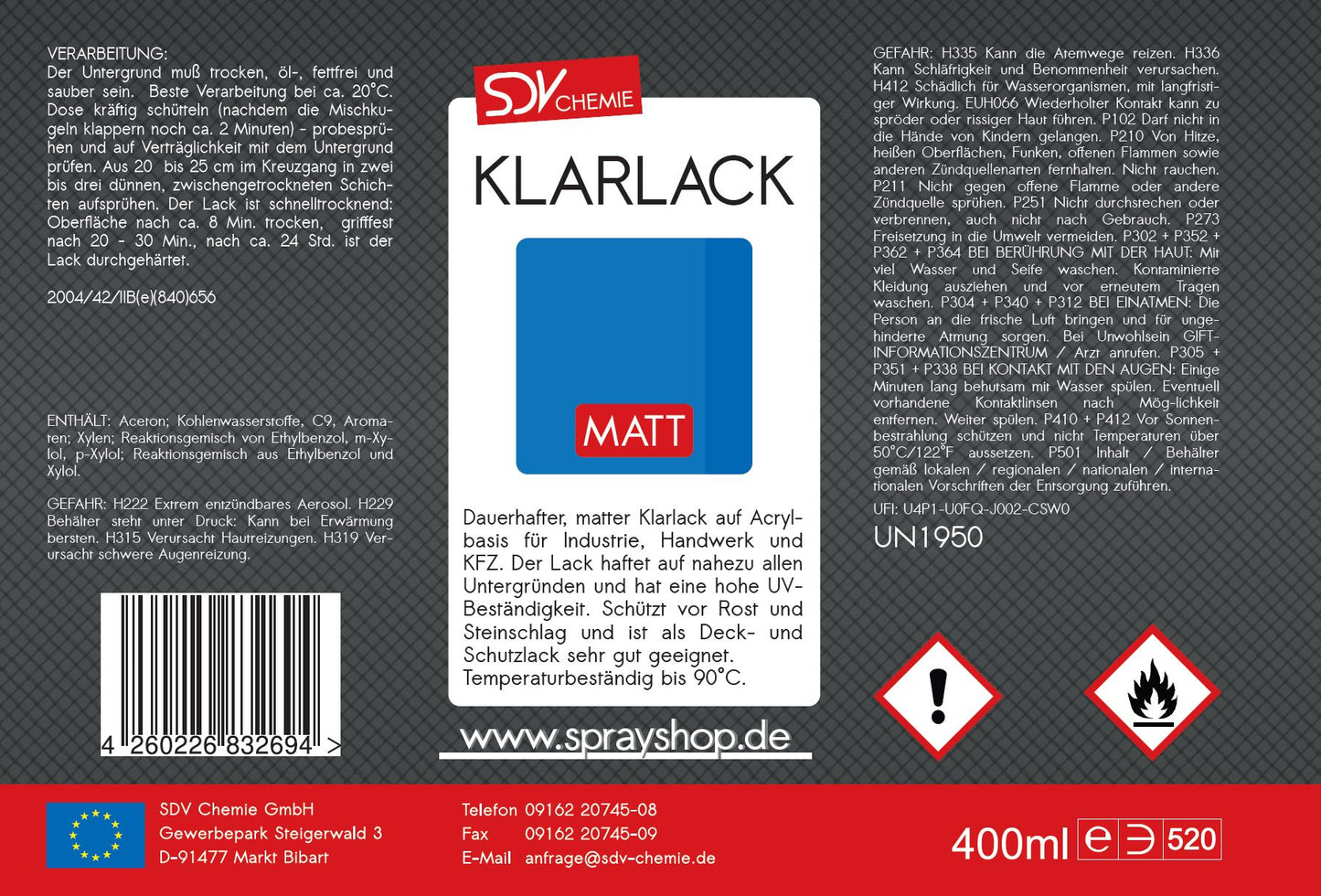 Klarlack Spray matt 400ml Acryl Sprühlack Etikett