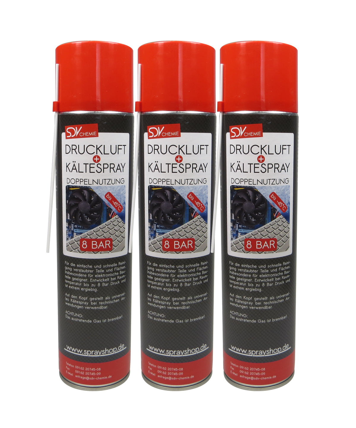 Druckluft- u. Kältespray 3x 600ml Druckluftreiniger Eis Kühl Spray