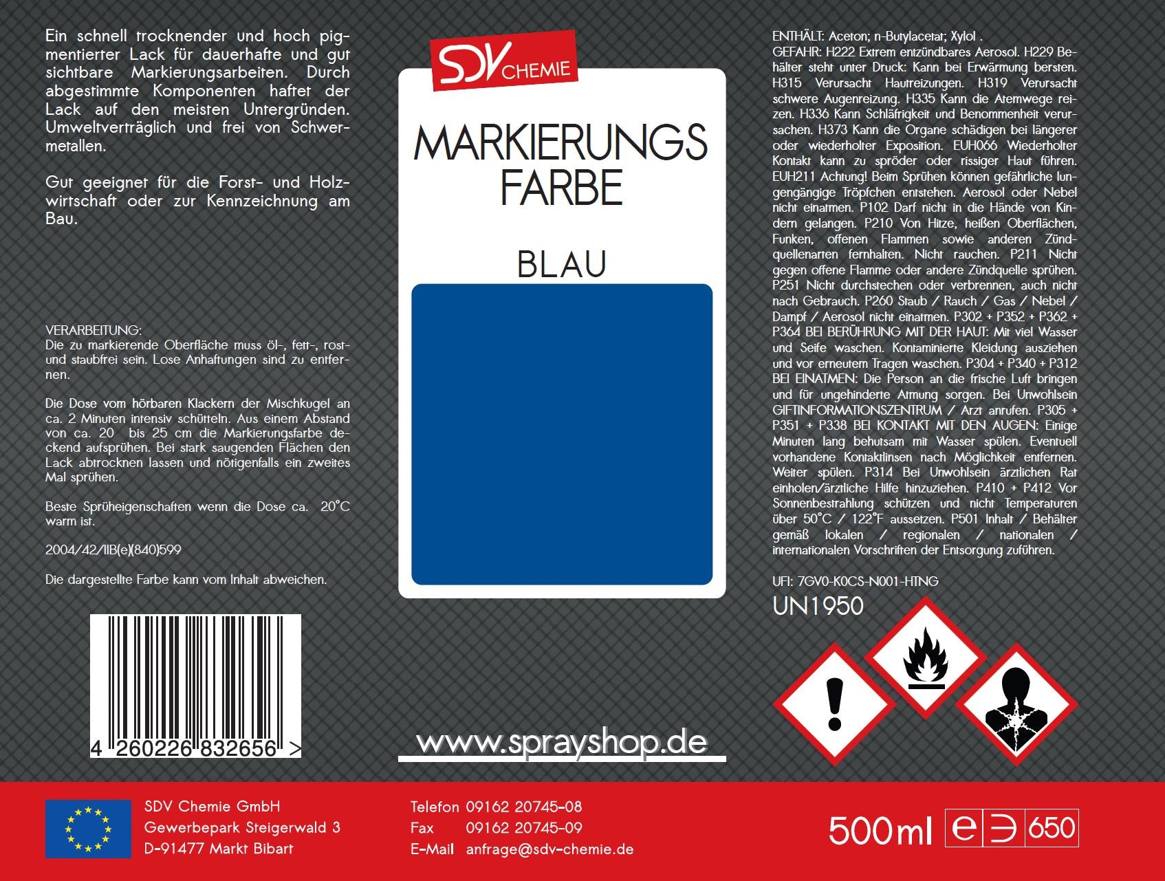 Markierungsfarbe blau 500ml Markierspray Markierungsspray Etikett