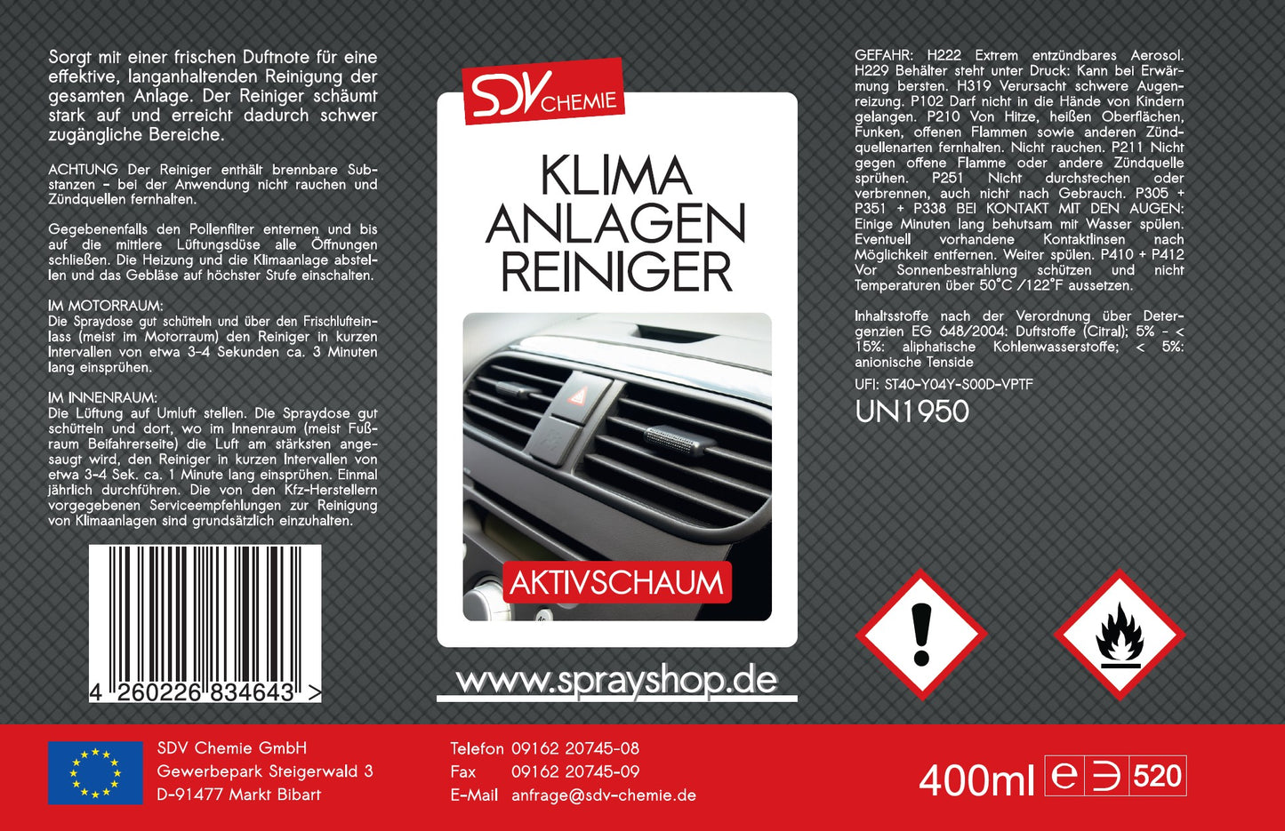 Klimaanlagenreiniger Schaum Spray 400ml Etikett