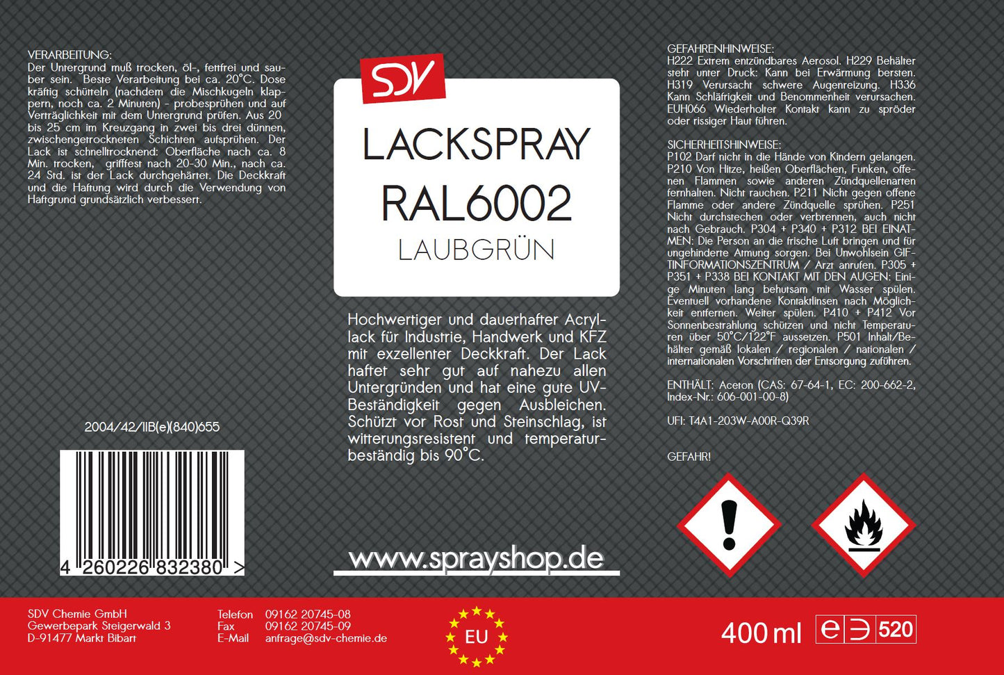 Lackspray RAL 6002 LAUBGRÜN glänzend 1x 400ml Acryllack