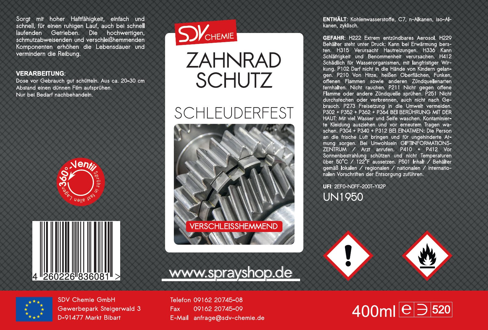 Zahnradschutz 400ml Zahnrad Ketten Spray Etikett