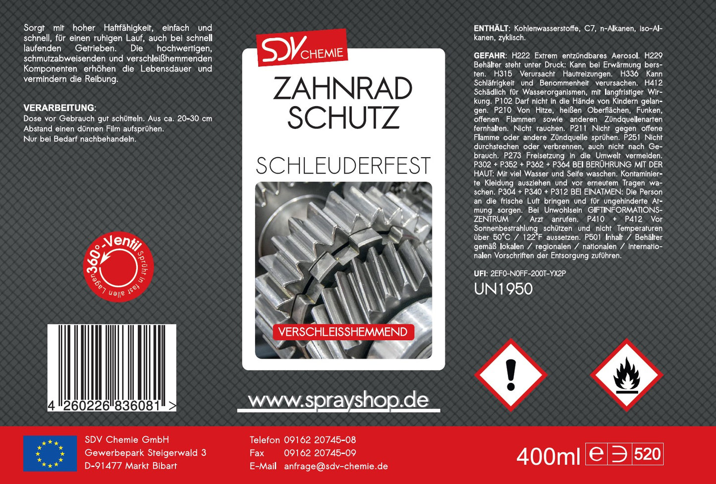 Zahnradschutz 400ml Zahnrad Ketten Spray Etikett