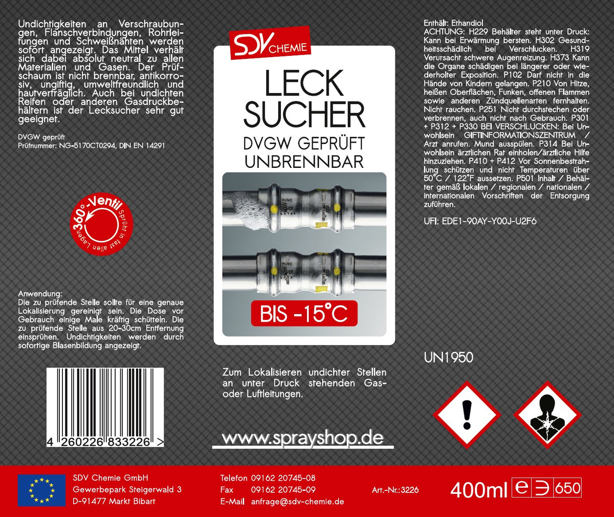 Lecksuchspray 400ml bis -15°C DVGW Etikett