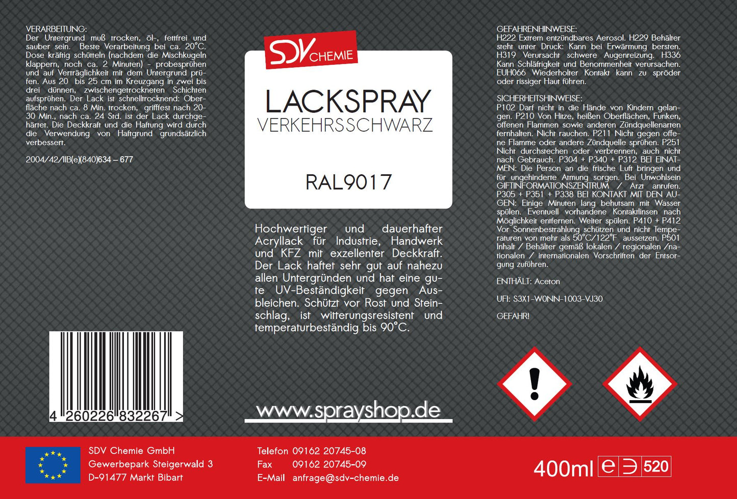 Lackspray RAL 9017 VERKEHRSSCHWARZ glänzend 1x 400ml Acryllack