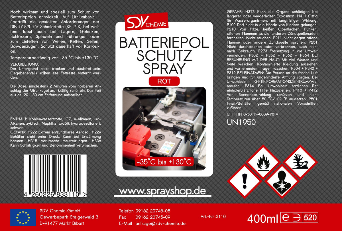 Batteriepolspray rot 400ml Etikett