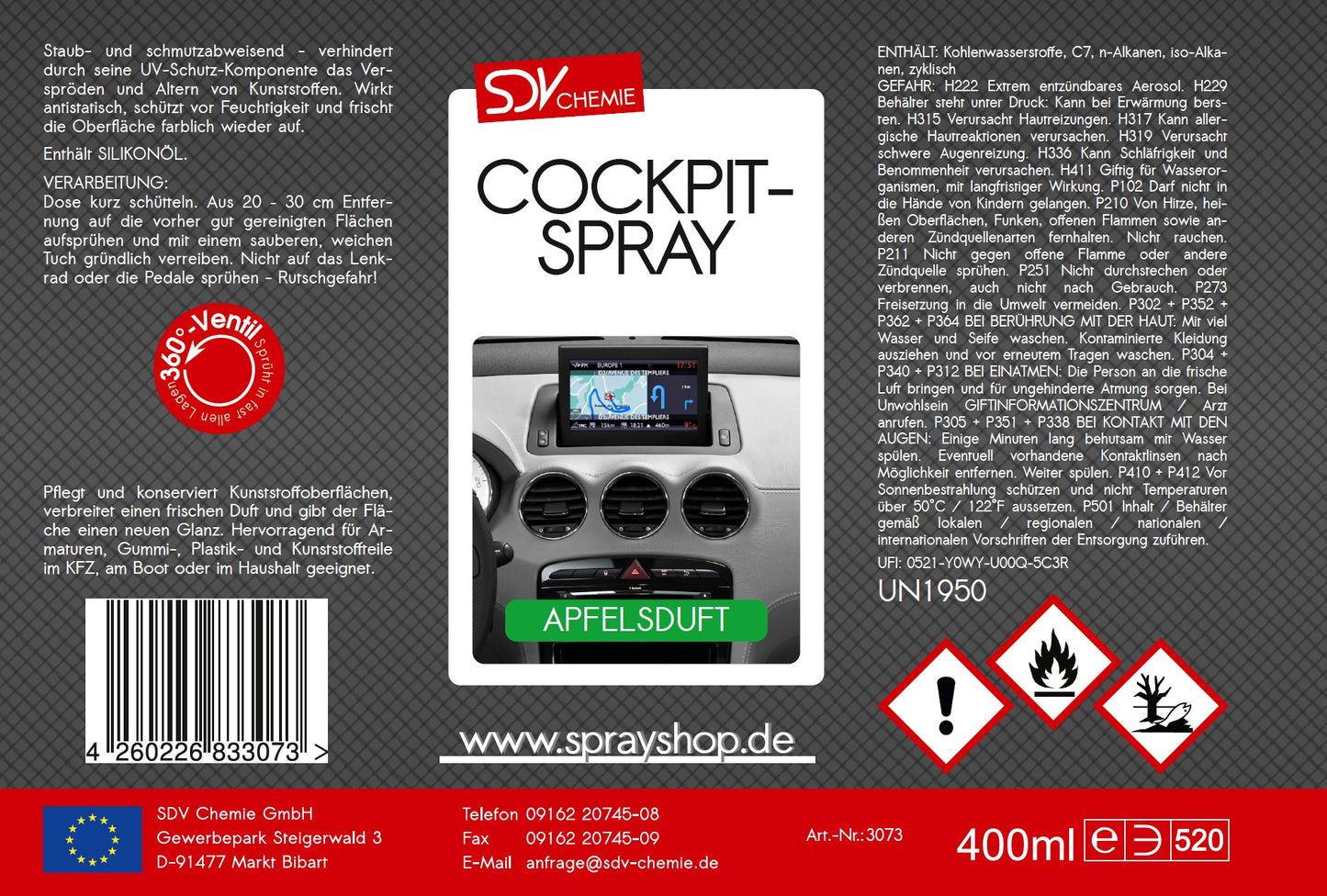 Cockpitspray Apfelduft 400ml Etikett