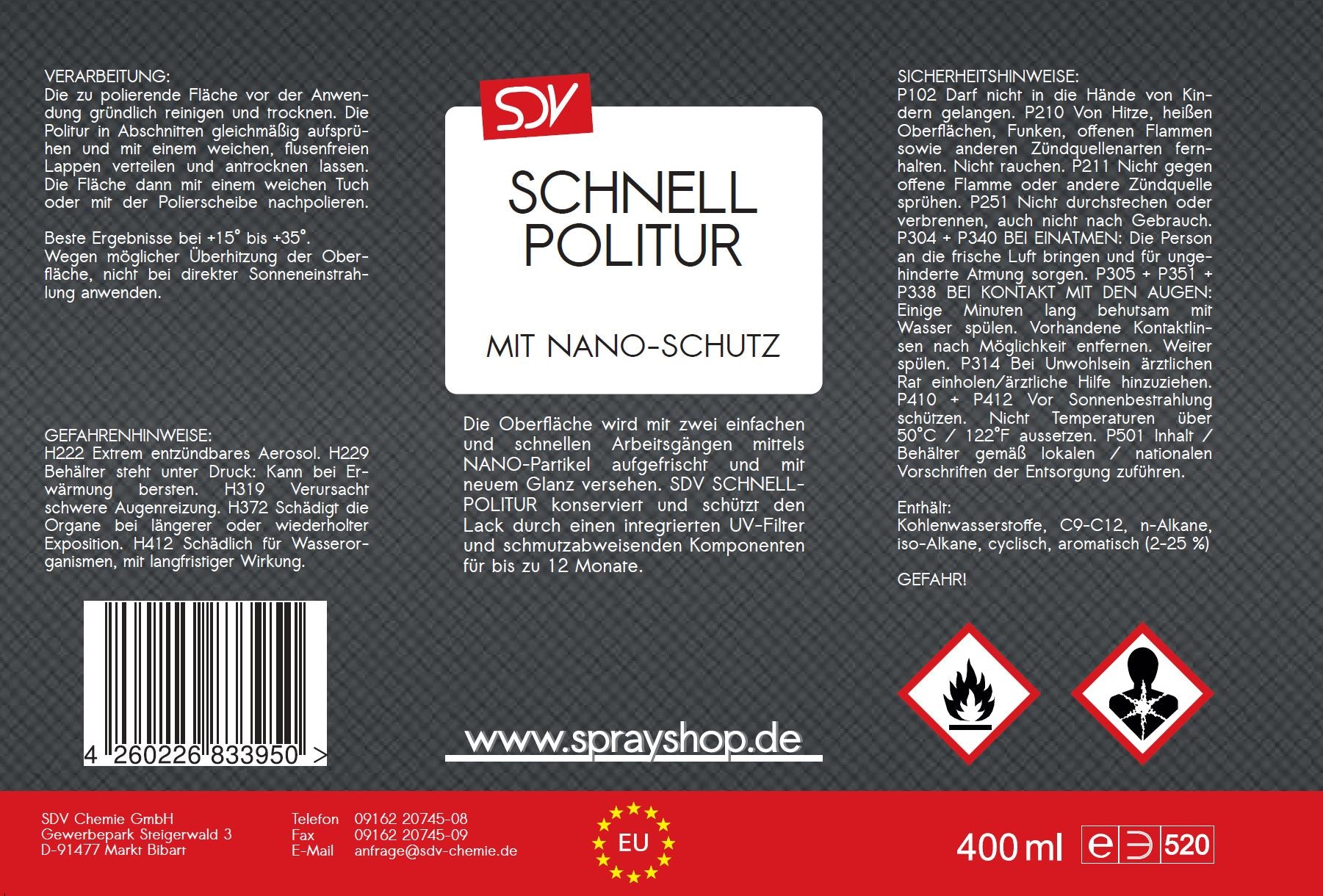 Schnellpolitur 400ml mit Nano-Lackschutz-Versiegelung Autopolitur Etikett